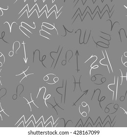 Seamless  pattern of zodiac signs, doodles, object,cancer,virgo,aries,cancer,lion,scorpio,sagittarius,capricorn,aquarius,pisces, . Hand drawn.