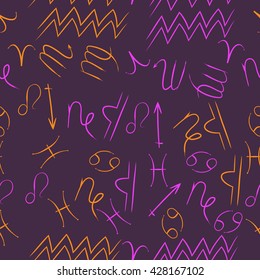 Seamless  pattern of zodiac signs, doodles, object,cancer,virgo,aries,cancer,lion,scorpio,sagittarius,capricorn,aquarius,pisces, . Hand drawn.