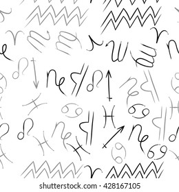 Seamless  pattern of zodiac signs, doodles, object,cancer,virgo,aries,cancer,lion,scorpio,sagittarius,capricorn,aquarius,pisces, . Hand drawn.