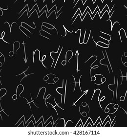 Seamless  pattern of zodiac signs, doodles, object,cancer,virgo,aries,cancer,lion,scorpio,sagittarius,capricorn,aquarius,pisces, . Hand drawn.