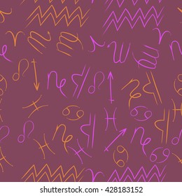 Seamless  pattern of zodiac signs, doodles, object,cancer,virgo,aries,cancer,lion,scorpio,sagittarius,capricorn,aquarius,pisces, . Hand drawn.