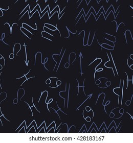 Seamless  pattern of zodiac signs, doodles, object,cancer,virgo,aries,cancer,lion,scorpio,sagittarius,capricorn,aquarius,pisces, . Hand drawn.