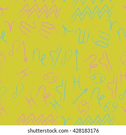 Seamless  pattern of zodiac signs, doodles, object,cancer,virgo,aries,cancer,lion,scorpio,sagittarius,capricorn,aquarius,pisces, . Hand drawn.