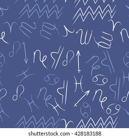 Seamless  pattern of zodiac signs, doodles, object,cancer,virgo,aries,cancer,lion,scorpio,sagittarius,capricorn,aquarius,pisces, . Hand drawn.