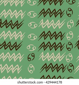 Seamless  pattern of zodiac signs, doodles,  object,cancer, aquarius. Hand drawn.