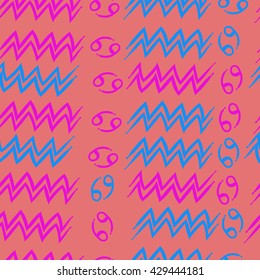 Seamless  pattern of zodiac signs, doodles,  object,cancer, aquarius. Hand drawn.