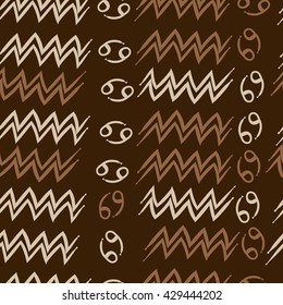 Seamless  pattern of zodiac signs, doodles,  object,cancer, aquarius. Hand drawn.