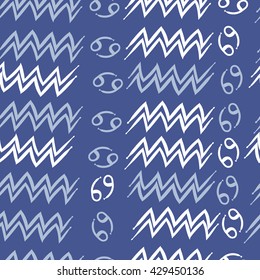 Seamless  pattern of zodiac signs, doodles,  object,cancer, aquarius. Hand drawn.
