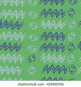Seamless  pattern of zodiac signs, doodles,  object,cancer, aquarius. Hand drawn.
