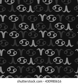 Seamless  pattern of zodiac signs, doodles,  object,aries,cancer. Hand drawn.