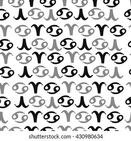 Seamless  pattern of zodiac signs, doodles,  object,aries,cancer. Hand drawn.