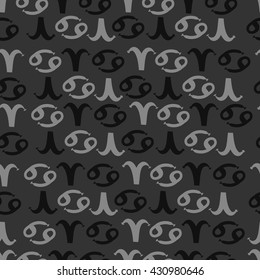 Seamless  pattern of zodiac signs, doodles,  object,aries,cancer. Hand drawn.
