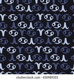 Seamless  pattern of zodiac signs, doodles,  object,aries,cancer. Hand drawn.