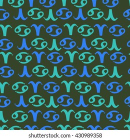 Seamless  pattern of zodiac signs, doodles,  object,aries,cancer. Hand drawn.