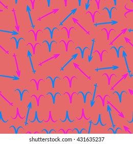 Seamless  pattern of zodiac signs, doodles,  object,aries,sagittarius. Hand drawn.