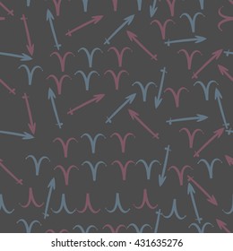 Seamless  pattern of zodiac signs, doodles,  object,aries,sagittarius. Hand drawn.