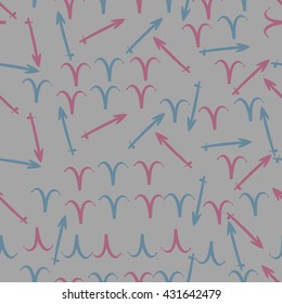 Seamless  pattern of zodiac signs, doodles,  object,aries,sagittarius. Hand drawn.