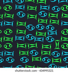 Seamless  pattern of zodiac signs, doodles,  object,gemini,cancer. Hand drawn.