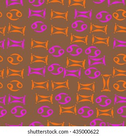 Seamless  pattern of zodiac signs, doodles,  object,gemini,cancer. Hand drawn.
