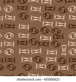 Seamless  pattern of zodiac signs, doodles,  object,gemini,cancer. Hand drawn.