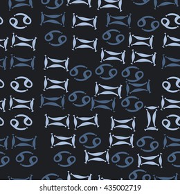 Seamless  pattern of zodiac signs, doodles,  object,gemini,cancer. Hand drawn.