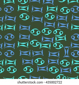 Seamless  pattern of zodiac signs, doodles,  object,gemini,cancer. Hand drawn.