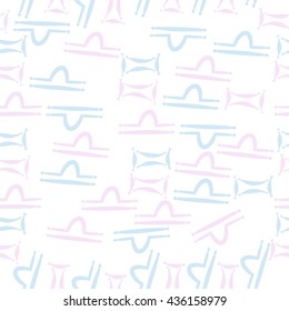 Seamless pattern of zodiac signs, doodles,  object,gemini,libra. Hand drawn.