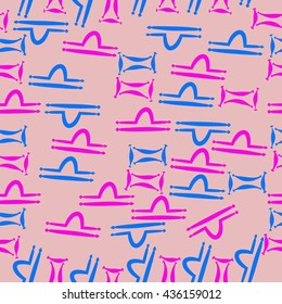 Seamless pattern of zodiac signs, doodles,  object,gemini,libra. Hand drawn.