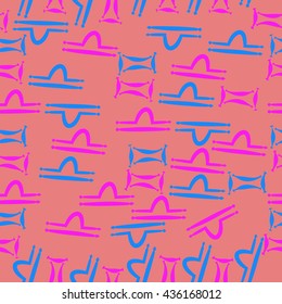Seamless pattern of zodiac signs, doodles,  object,gemini,libra. Hand drawn.
