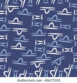 Seamless pattern of zodiac signs, doodles,  object,gemini,libra. Hand drawn.