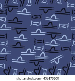 Seamless pattern of zodiac signs, doodles,  object,gemini,libra. Hand drawn.