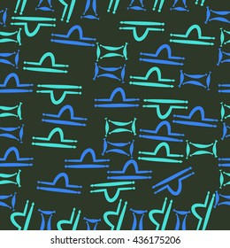 Seamless pattern of zodiac signs, doodles,  object,gemini,libra. Hand drawn.