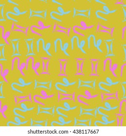 Seamless pattern of zodiac signs, doodles,  object,gemini,capricorn. Hand drawn.