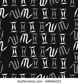 Seamless  pattern of zodiac signs, doodles,  object, gemini,scorpio. Hand drawn.