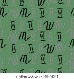 Seamless  pattern of zodiac signs, doodles,  object, gemini,scorpio. Hand drawn.