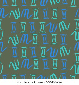 Seamless  pattern of zodiac signs, doodles,  object, gemini,scorpio. Hand drawn.