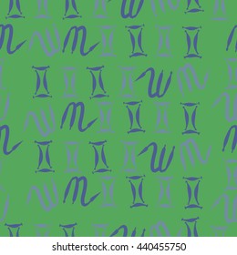Seamless  pattern of zodiac signs, doodles,  object, gemini,scorpio. Hand drawn.
