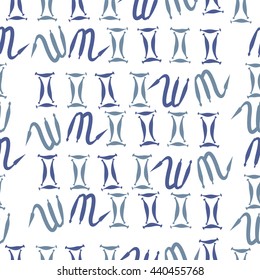 Seamless  pattern of zodiac signs, doodles,  object, gemini,scorpio. Hand drawn.