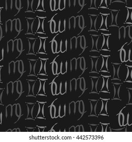 Seamless  pattern of zodiac signs, doodles,  object, gemini,virgo. Hand drawn.