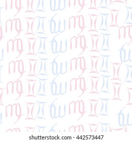 Seamless  pattern of zodiac signs, doodles,  object, gemini,virgo. Hand drawn.