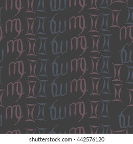 Seamless  pattern of zodiac signs, doodles,  object, gemini,virgo. Hand drawn.