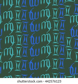 Seamless  pattern of zodiac signs, doodles,  object, gemini,virgo. Hand drawn.