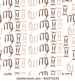 Seamless  pattern of zodiac signs, doodles,  object, gemini,virgo. Hand drawn.