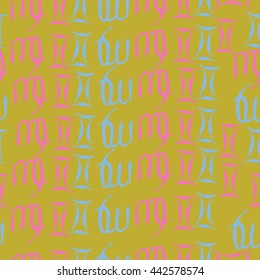 Seamless  pattern of zodiac signs, doodles,  object, gemini,virgo. Hand drawn.