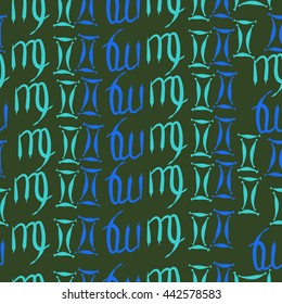 Seamless  pattern of zodiac signs, doodles,  object, gemini,virgo. Hand drawn.