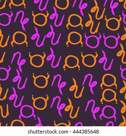 Seamless pattern of zodiac signs, doodles,  object, taurus,capricorn. Hand drawn.