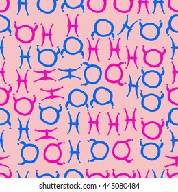 Seamless pattern of zodiac signs, doodles,  object, taurus,pisces. Hand drawn.