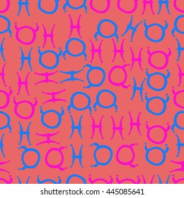 Seamless pattern of zodiac signs, doodles,  object, taurus,pisces. Hand drawn.