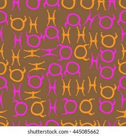Seamless pattern of zodiac signs, doodles,  object, taurus,pisces. Hand drawn.