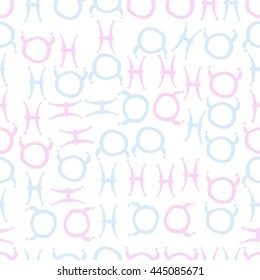 Seamless pattern of zodiac signs, doodles,  object, taurus,pisces. Hand drawn.